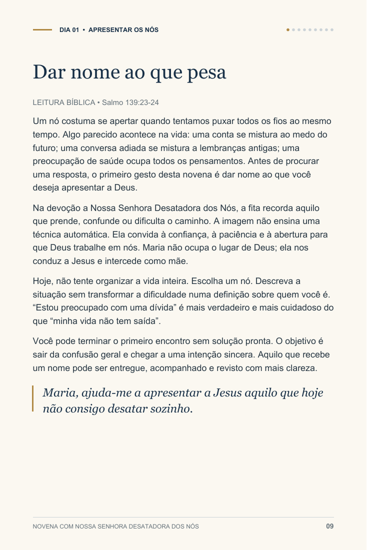 Página 9 do ebook: reflexão do primeiro dia, Dar nome ao que pesa. Um convite a escolher e apresentar uma intenção a Deus.
