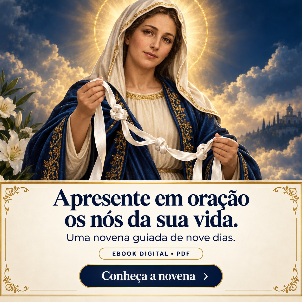 Representação artística de Nossa Senhora segurando uma fita com nós